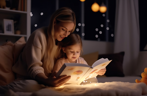 a mother and child reading a bedtime story before bed