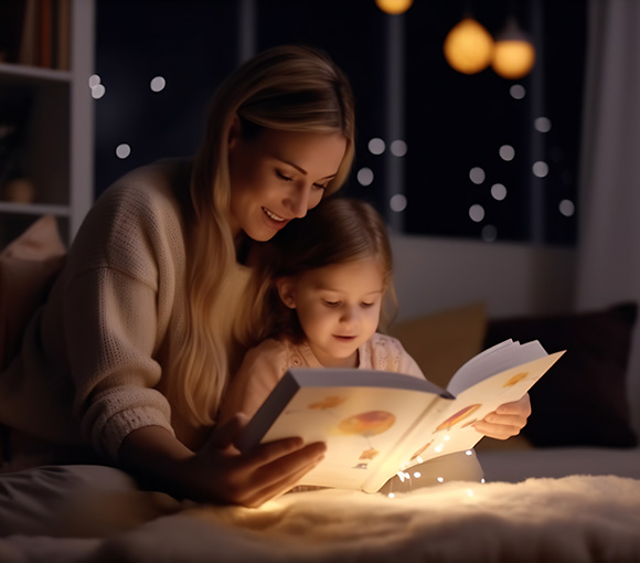 a mother and child reading a bedtime story before bed